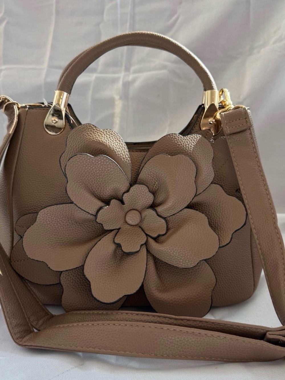 Taupe Floral Appliqué Women's Satchel Bag